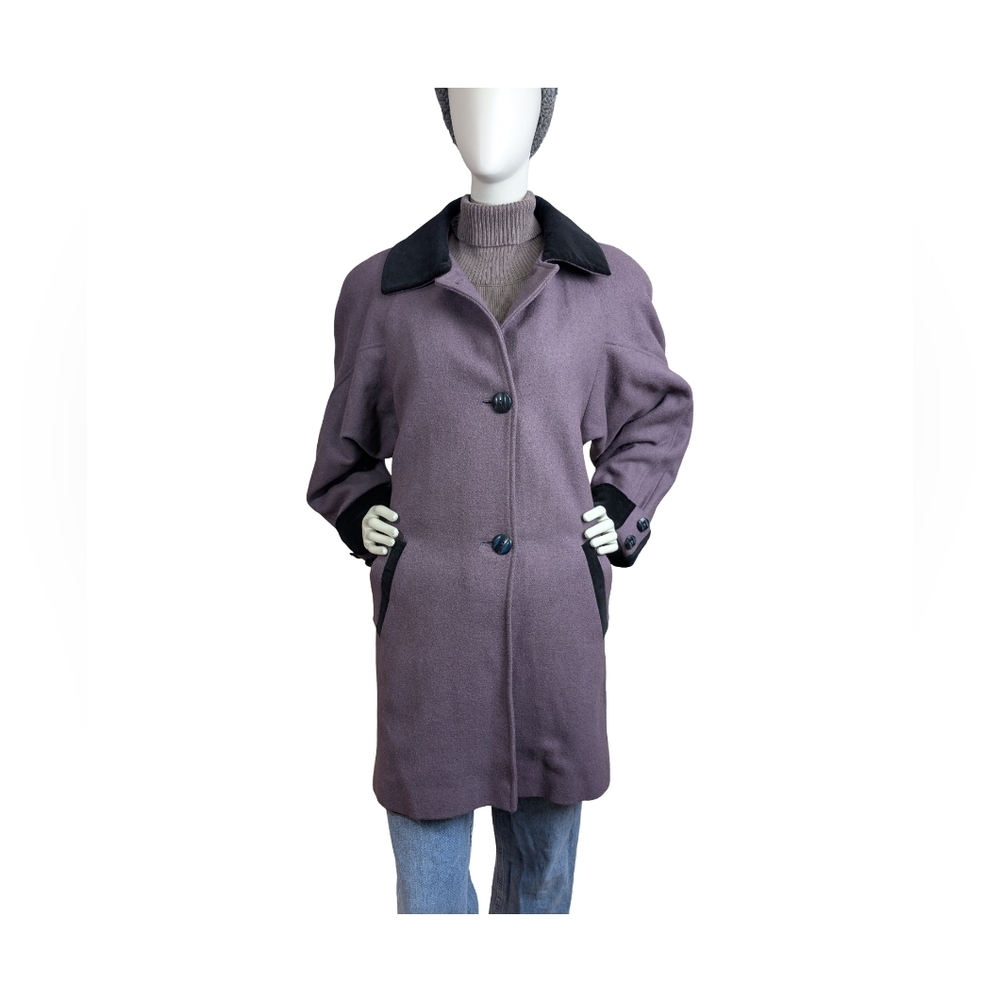Vintage Wool Coat Mauve with Black Velvet Accent | Size Large